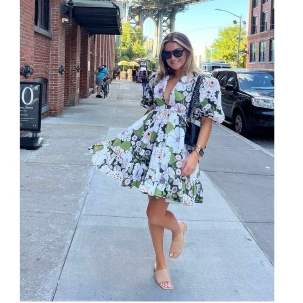 MAJE Rafleur Large Floral Print Mini Puff Sleeve Baby Doll Mini Dress Size 34